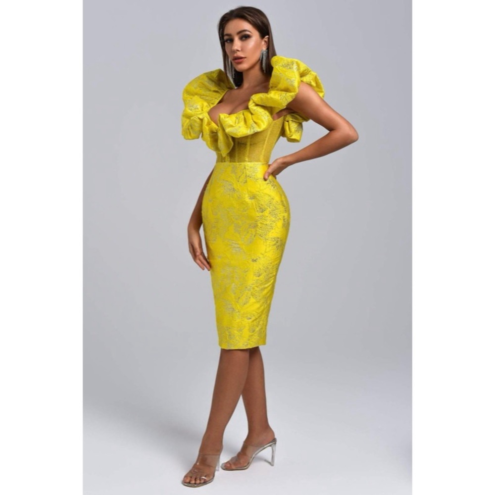 Yellow Ruffled Midi Dress with Structured Corset